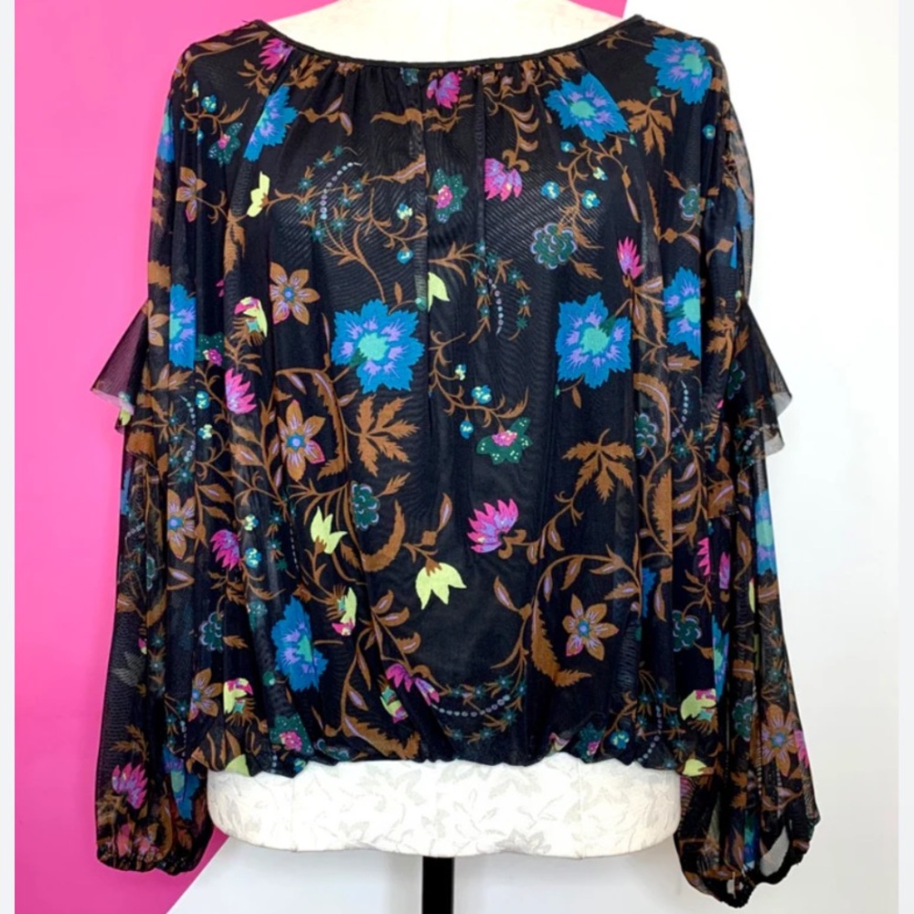 Free People Womens Blouse‎ Shirt Wild Flower Black Combo Floral Mesh B2 - Picture 4 of 7
